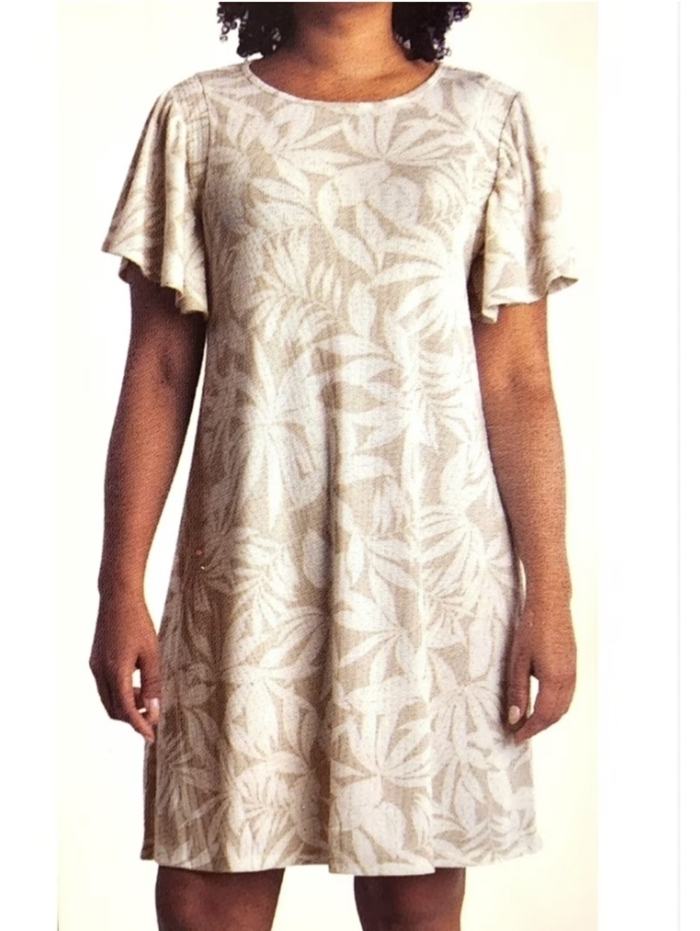 ECOTHREADS WOMENS RIBBED KNIT SHIRT DRESS TROPICAL FLORAL Beige Tan XXL